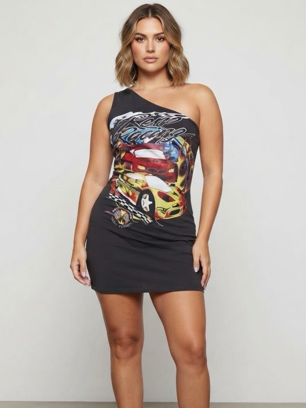 Forever 21 One-Shoulder Washed Black Graphic Racing Print Dress